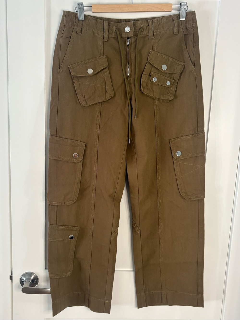 Olive Green Multi Pocket Cargo Utility Pants Drawstring Wide Leg Small - Picture 2 of 6